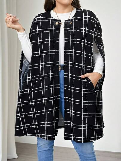 Modelyn Plus Size Elegant Plaid Poncho Jacket For Commuting In Fall/Winter
