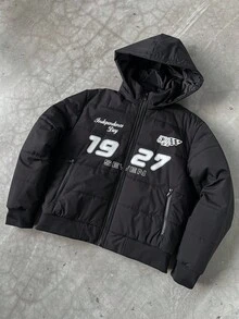 PAVTROS Chaqueta con capucha con cremallera y estampado de letras de manga larga para hombre, para el otoño - Negro - Ver 1