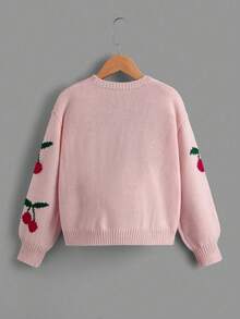 SHEIN Áo khoác cardigan họa tiết quả anh đào cho bé gái tuổi mới lớn, thường ngày cho mùa thu/đông - Hồng - Xem 2