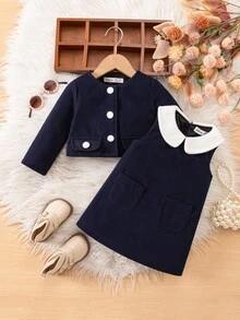 SHEIN Baby Girls Collared Sleeveless Dress & Jacket Co-Ord Set Toddler Girl Navy Dress Baby Girl School Outfit Toddler Girl Skirt Set Toddler Uniform Set Toddler Girl Clothes - Navy Blue - View 1