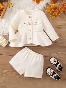 SHEIN 女婴优雅粗花呢荷叶边下摆单排扣夹克和短裤套装 - 白色 - 查看 1