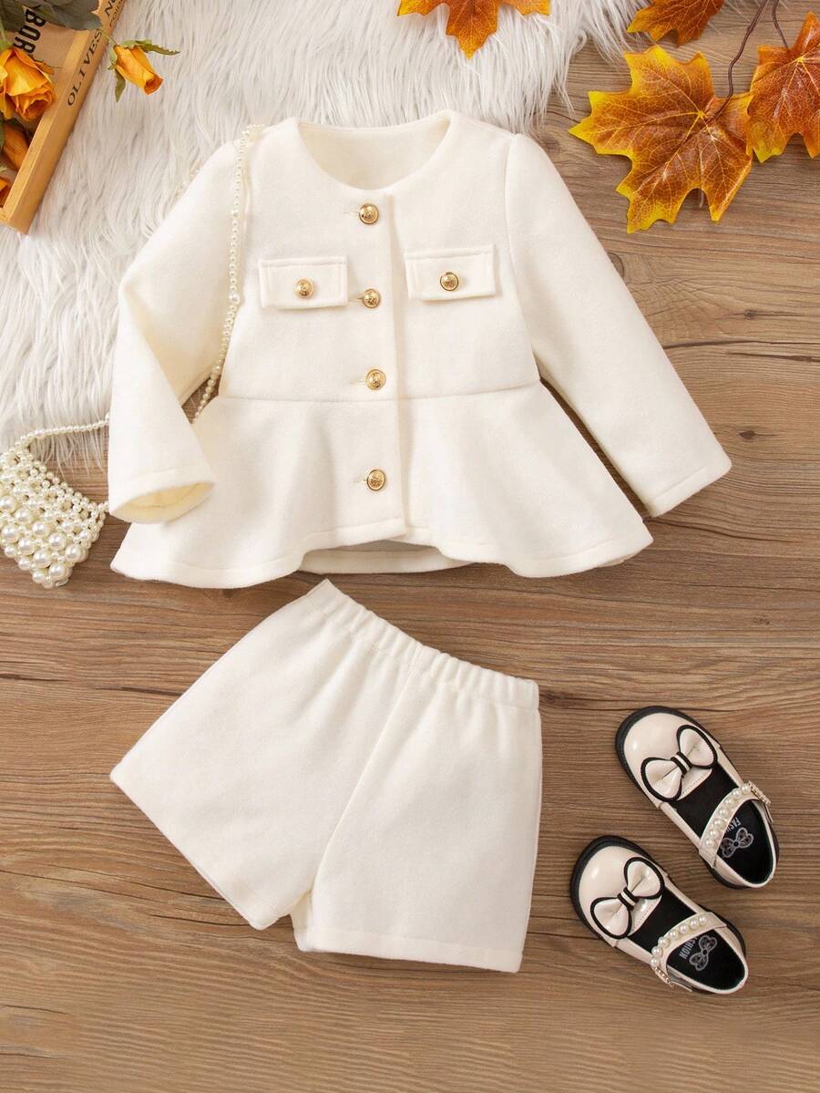 SHEIN 女婴优雅粗花呢荷叶边下摆单排扣夹克和短裤套装 - 白色 - 查看 1