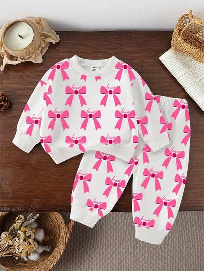 2 件年轻女孩休闲可爱全蝴蝶结印花圆领运动衫和运动裤套装，可爱甜美，适合日常和户外穿着，秋季服装，舒适易穿，适合秋季的分层风格