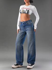 EURMUSE High Waist Mid Washed Slant Pocket Straight Jeans - Medium Wash - View 1