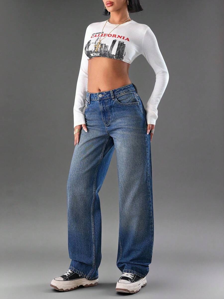 EURMUSE High Waist Mid Washed Slant Pocket Straight Jeans - Medium Wash - View 1