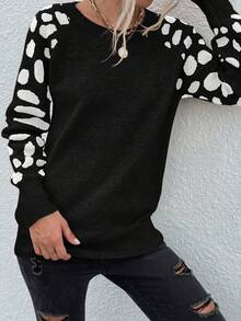 EMERY ROSE Suéter de cuello redondo de manga larga con patrón de color contrastante para mujer