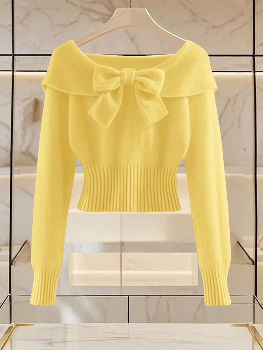 Franclia Suéter de punto de manga larga con hombros abiertos, lazo y unicolor, de moda simple para mujer - Amarillo - Ver 1