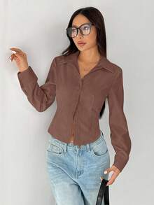 SHEIN PETITE Áo sơ mi dài tay cơ bản, giản dị, có cạp chun - màu nâu - Xem 7