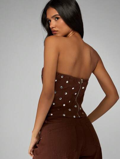 MISSGUIDED Katoenen bandeau-corsettop van denim met studs in western- en Y2K-stijl, retro, aansluitend, strapless, geschikt voor feestjes, clubs en festivals.