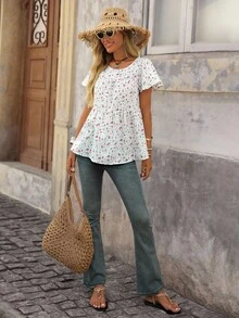 Brillora 休闲简约宽松短款女式衬衫适合夏季女式衬衫夏季女士外出上衣女式可爱衬衫飘逸上衣女式夏季可爱夏季衬衫可爱碎花衬衫 - 白色 - 查看 6