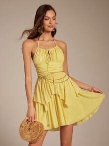 Enchnt Women's Vacation Casual Bohemian Ruffle Halter Backless Dress - Yellow - View 5