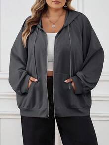 SHEIN CURVE+ Plus Size Women's Solid Color Raglan Sleeve Zipper Front Pocket Drawstring Sweatshirt, Casual For Autumn/ Winter - Dark Grey - View 5