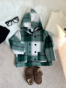 Baby Jungen/Mädchen karierte doppelreihige Kapuzenjacke aus Wollmischung in Mittellänge, lässig und vielseitig für Zuhause undOutdoorn, koreanischer Stil Baby Jungen Jacke in grünem Karomuster, Baby Jungen Jacke, Baby Jungen doppelreihige Jacke, Herbst Winter Kleidung für Kinder - Verschiedenfarbig - Übersicht 5
