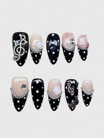 Kawaii Punte di unghie finte in stile ballerina con bordo in pizzo, fiocco romantico a forma di cuore, ali bianche in metallo e nota musicale rosa, prodotte in serie per un look energico da ragazza, adatte per uscite quotidiane e appuntamenti