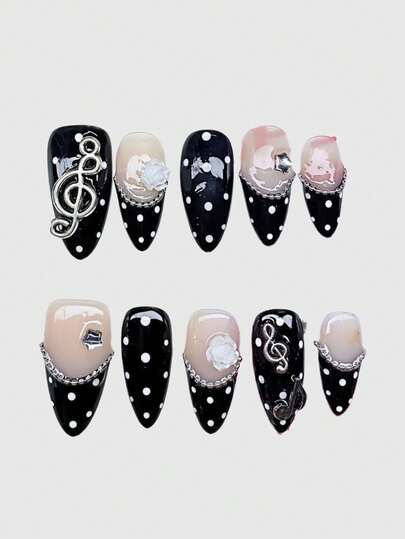 Kawaii Cute Lace Edged Romantic Heart Ballerina Style Bow White Wings Metal Music Note Pink Series Handmade False Nail Tips, Mass Produced Energetic Girl Wear, Suitable For Daily Outings And Dates