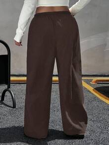 SHEIN EZwear 大码女式纯色抽绳腰阔腿宽松休闲裤，秋冬 - 咖啡棕 - 查看 2