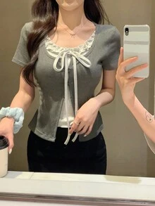 DAZY 女式夏季二合一荷叶边蝴蝶结短袖T恤