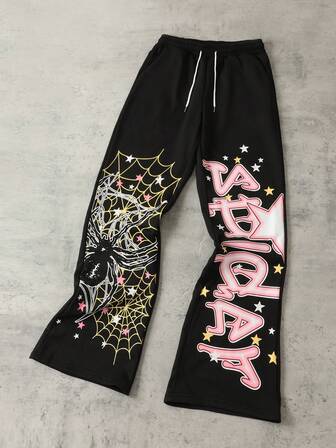 Street Life Herren Spinnennetz- und Buchstabe Muster Jogginghose mit Tunnelzug Taille und weitem Bein