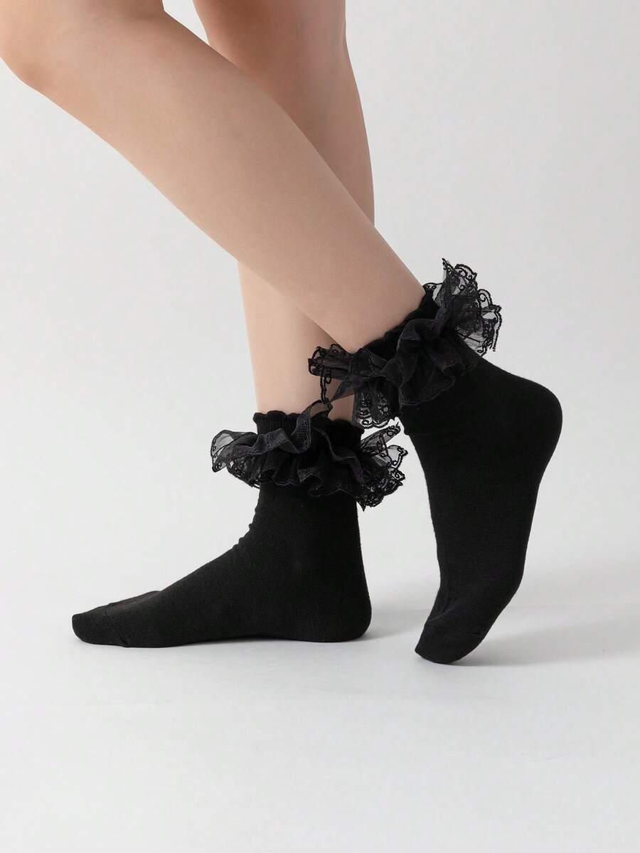 ROMWE Kawaii Women's Fashionable Mid-Calf Socks With Hollow Ruffled Design - Pure black - View 1