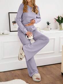 Donna 2 pezzi Set di abbigliamento da casa con top a maniche lunghe e collo rotondo e pantaloni in maglia a costine, comodo e rilassante