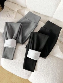 SHEIN Teen Girls' Black & Gray Thermal Lined Skinny Leggings Set