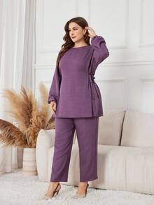 Al Najma Plus Size Women Arabic Style Set: Solid Color Round Neck Long Sleeve Tie-Waist Shirt And Elastic Waist Slim Pants, Suitable For Spring And Autumn