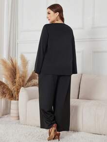 Lacomfia 2pcs/Set Plus Size Solid Color Round Neck Long Sleeve Top And Elastic Waist Wide Leg Pants, Casual Outfit For Spring/Autumn - Black - View 2