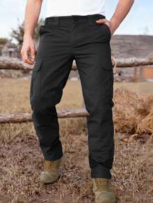 Manfinity Nomadique 男士黑色宽松直筒战术裤，户外，秋季 - 黑色 - 查看 3