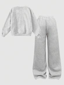 SHEIN 青少年女孩休闲校园街头时尚字母和数字图案圆领运动衫和褶皱阔腿直筒裤针织运动服套装，灰色返校装 - 灰色 - 查看 2