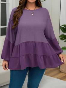 EMERY ROSE Plus Size Casual Winter Women Colorblock Lantern Sleeve Shirt - Purple - View 3