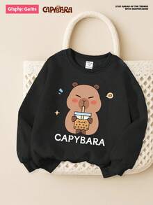 Young Girl Casual Fashionable Creative Cartoon Cute Capybara Pattern Print Basic Round Neck Sweatshirt Capybara Sweatshirt For Girls Capybara Clothes For Girls Sweatshirt Cute Sweatshirt Capybara Clothing For Girl Fall Winter