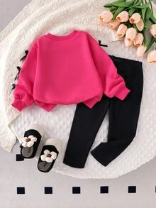 Bộ 2 quần dài tay in họa tiết bướm thường ngày cho bé gái, dễ thương và thời trang cho mùa thu - Màu Hồng Tươi - Xem 2