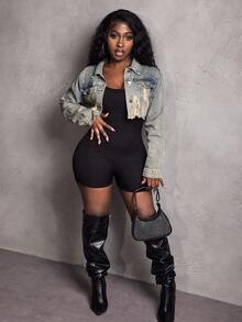 SHEIN PETITE Áo khoác denim ngắn tay rách một hàng khuy đơn dành cho nữ, mùa thu - Màu xanh lam - Xem 3