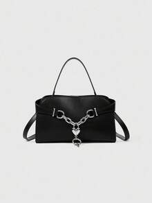 ROMWE Grunge Punk Women's Solid Color Chain Decor Shoulder Bag - Black - View 5