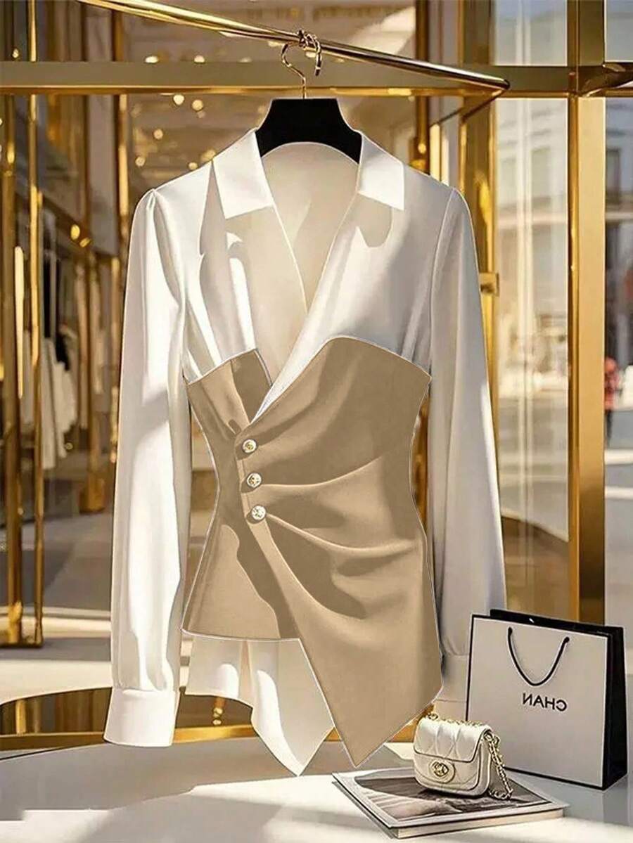 SHEIN LUNE 女式拼色长袖褶饰纽扣设计优雅衬衫 - 卡其色 - 查看 1