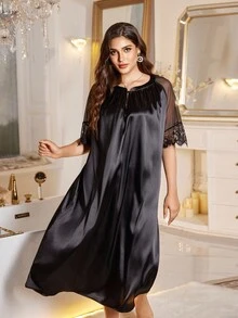 MuseNap CURVE Elegant Mesh & Satin Patchwork Hollow Back Lace Plus Size Nightgown - Black - View 7
