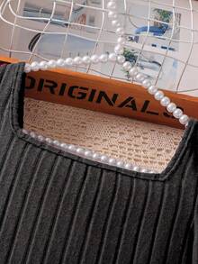 Sparklyn 2pcs/Set Girls Elegant Beaded Knit Ribbed Fuzzy Crew Neck Puff Sleeve Top And Simple Knit Pants Casual Outfit, Autumn/Winter - Black - View 3