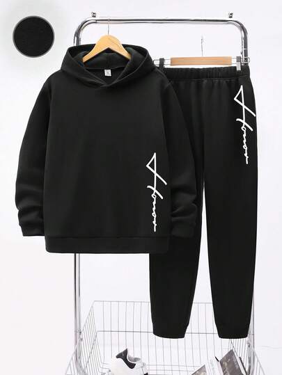 SHEIN 2pcs/Set Casual Versatile Comfortable Striped & Letter Print Knit Hoodie And Sweatpants Set, Suitable For Parties, Back To School, Autumn/Winter, Fleece, Thickened Fall