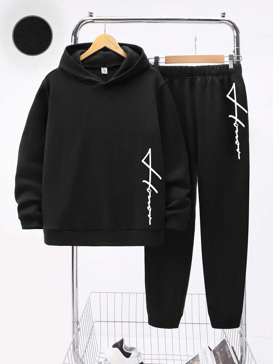 SHEIN 2pcs/Set Black Streetwear Casual Letter Print Knit Hoodie And Sweatpants,Fleece Thickened Autumn Back-To-School Graduation Set For Parties,Winter - White - View 1