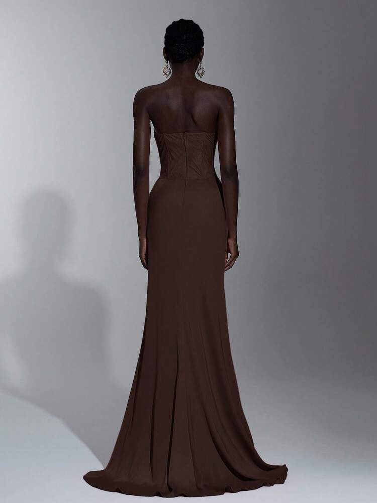 Elitara Elegant Lotus Lace Patchwork Satin Bustier Dress With Sheer Bodice, Ruched Waist, And Fishtail Hem, Suitable For Vacation, Date, Birthday Party, Wedding, Graduation, Formal Gala, Valentine's Day - Coffee Brown - View 3