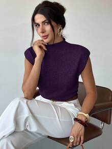 Firerie 优雅高领宽松休闲百搭秋冬无袖针织毛衣背心 - 紫色 - 查看 3