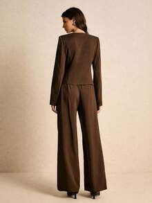 Poéselle 女士优雅 V 领系带上衣和裤子两件套 - 棕色 - 查看 9