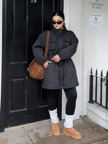 Flirla 秋冬新款韩版时尚宽松设计绗缝菱形图案收腰长袖棉衣女中长款加厚风衣外套 - 黑色 - 查看 5