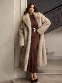 ZEYLAH Abrigo largo de piel sintética con cuello grande y esponjoso - Albaricoque - Ver 6