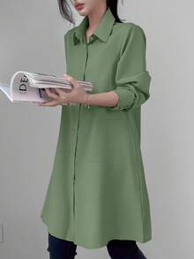 Celisse Ladies' Solid Color Long Shirt With Single Button For Summer Fall Cloth For Women - Mint Green - View 3