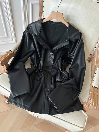 Modelyn Women's Casual Urban Drawstring Waist Jacket In Fall/Winter Black , Autumn Clothes For Women