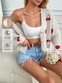 RueChic Vcay Sweet Holiday Cardigan With Strawberries And Cherries - Beige - View 1