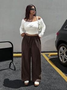 SHEIN EZwear 大码女式纯色抽绳腰阔腿宽松休闲裤，秋冬 - 咖啡棕 - 查看 5