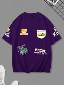 Claim Dot Men Cartoon & Slogan Graphic Drop Shoulder Tee - Purple - View 3