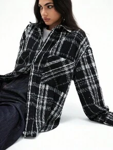 French/European Style Casual Loose Fit Colorblock Plaid Lapel Long Sleeve Woven Shacket - Multicolor - View 5